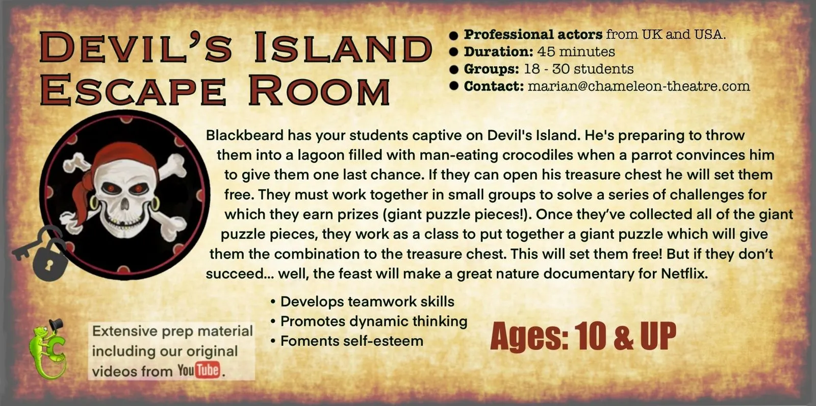 Cartel del escape room en inglés Devil's Island de Chameleon Theatre