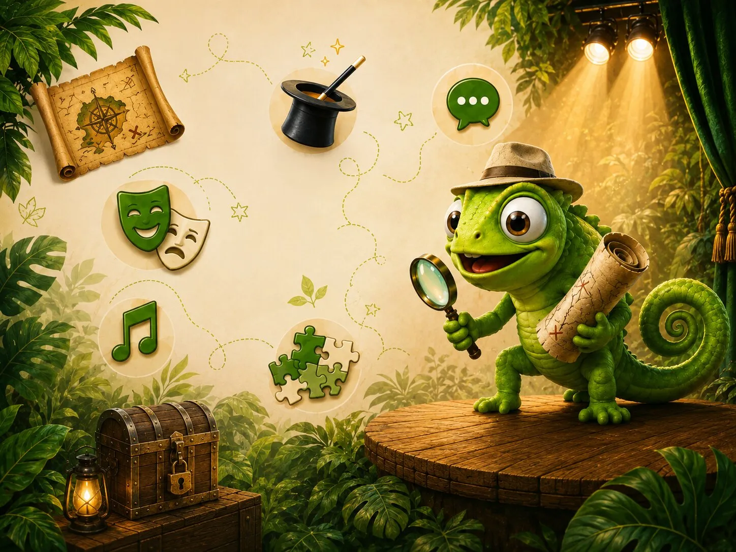 Ilustración de un camaleón detective con lupa, explorando el escenario de Chameleon Theatre