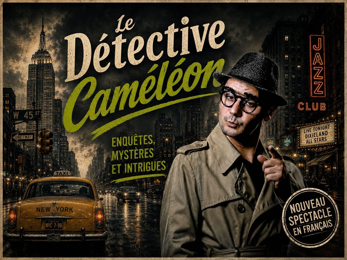 Cartel de Le Détective Caméléon, el espectáculo en francés de Chameleon Theatre