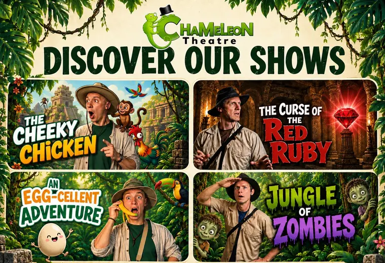 Collage promocional de las obras de teatro en inglés de Chameleon Theatre: The Cheeky Chicken, The Curse of the Red Ruby, An Egg-cellent Adventure y Jungle of Zombies.