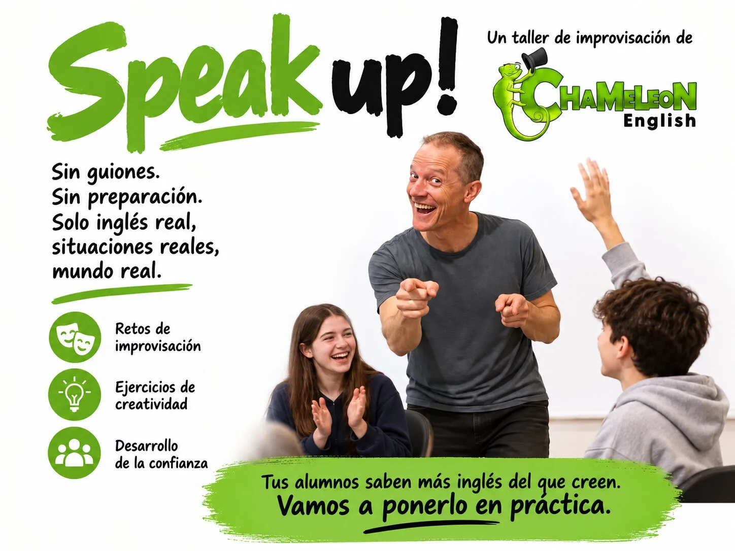 Cartel de Speak Up!, taller de improvisación en inglés de Chameleon English